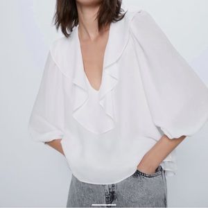 Zara NWT double ruffle V-neck white blouse long sleeve flowy size small